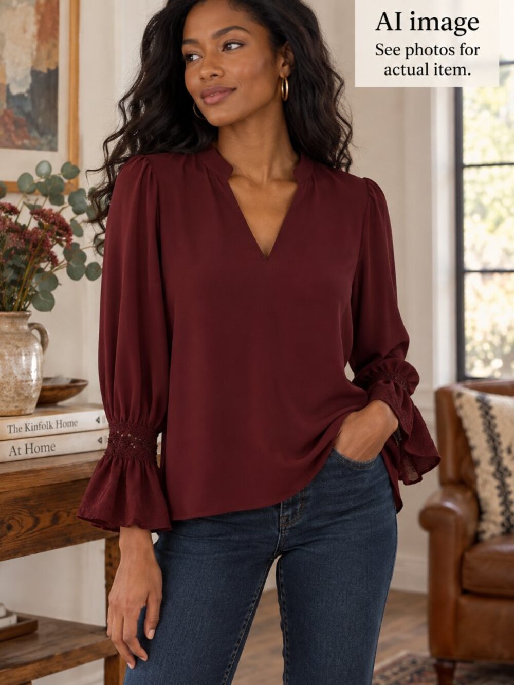 Burgundy V-Neck Long-Sleeve Blouse with Flared Lace Sleeves Size Small
